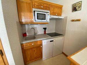 Il comprend une petite cuisine équipée d'un évier et d'un four micro-ondes. dans l'établissement Appartement pied des pistes, 4 personnes, 1 chambre - MONT02, à Beaufort