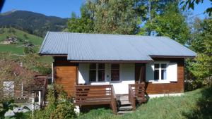 a small wooden house with a metal roof at Chalet proche des commerces, 6 personnes, 2 chambres - CH16 in Beaufort