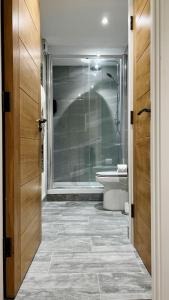 a bathroom with a shower and a toilet and a sink at Abbey House in Horsham