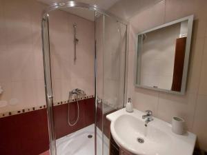 een badkamer met een douche, een wastafel en een douche bij The Terrace Apartment in Stara Zagora