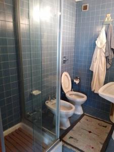 a blue tiled bathroom with a toilet and a shower at Appartamento - Pila Ciel Bleu - Il balcone sulle Alpi in Pila