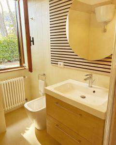 bagno con lavandino, servizi igienici e specchio di Casalago Holiday Home a Ronciglione