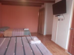 Habitación pequeña con cama y TV. en Hospedaje Campestre Los Suspiros, en Sunampe