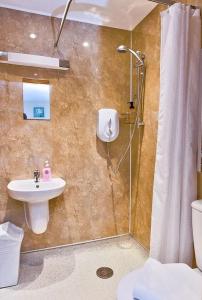 een badkamer met een douche, een wastafel en een toilet bij Howgills Apartments in Sedbergh