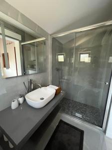La salle de bains est pourvue d'un lavabo et d'une douche. dans l'établissement Casa Gil, Quinta Carmo - Alcobaça/ Nazaré, à Alcobaça