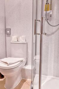 a white bathroom with a toilet and a shower at Howgills Apartments in Sedbergh