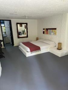 1 dormitorio con 1 cama grande y espejo en Finca Jaragual, en La Vega