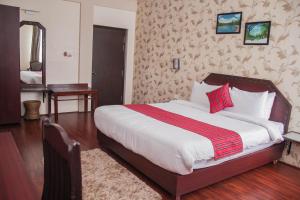 a bedroom with a large bed with red pillows at Windermere Inn in Shillong