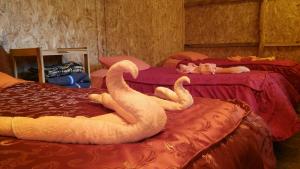 two swans laying on beds in a room at Refugios Salkantay - "StaySoraypampa - Accommodation near Humantay Lake and Salkantay Trek" in Cusco