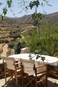 a table and chairs with a view of a mountain at Under The Linden Tree Tinos in Koumáros