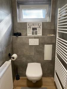 a small bathroom with a toilet and a window at Černá růže - Apartmán 7 in Pilsen