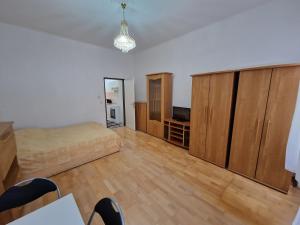Habitación con cama, armarios de madera y mesa. en Central City Apartment, en Viena