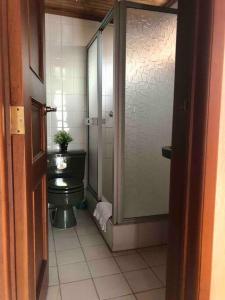 La salle de bains est pourvue de toilettes et d'une douche en verre. dans l'établissement Cosita Linda - Departamento familiar 3 hab., à Cuenca