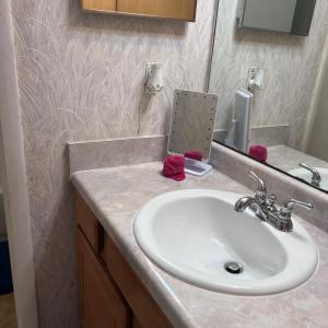 a bathroom with a sink and a mirror at #2BR Cozy Villa - Mins to Historic STM Amusement Park! in Stone Mountain