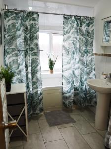 a bathroom with a shower curtain and a sink at Spacious & Bright Flat, Cowley Rd in Oxford