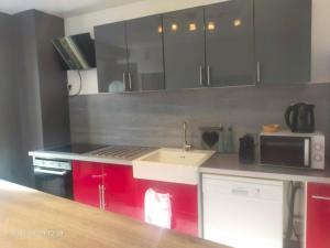 een keuken met rode kasten, een wastafel en een magnetron bij Maison de 3 chambres avec jardin clos et wifi a Andonville 