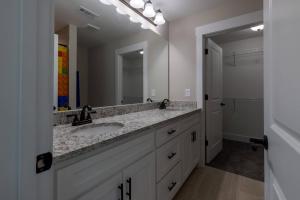 a bathroom with a sink and a large mirror at Hole in 1 in Gainesville +41 photos