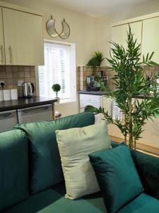 a living room with a green couch and a kitchen at Spacious & Bright Flat, Cowley Rd in Oxford