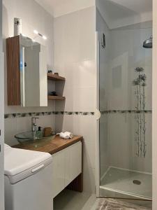 y baño blanco con lavabo y ducha. en Nice : Superbe Studio Chaleureux et fonctionnel, en Niza