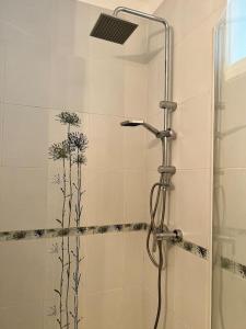 una ducha con una puerta de cristal con flores en la pared en Nice : Superbe Studio Chaleureux et fonctionnel, en Niza