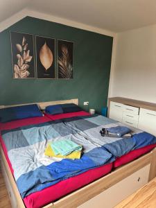 1 dormitorio con 1 cama grande con sábanas coloridas en Schöne Wohnung in einer ruhiger Umgebung, en Machern