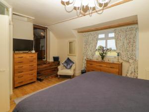 a bedroom with a bed and a tv and a window at The Miller's Cottage in Okehampton