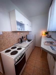 a kitchen with a stove and a counter top at Villa Blue Arany Apartman in Szekszárd