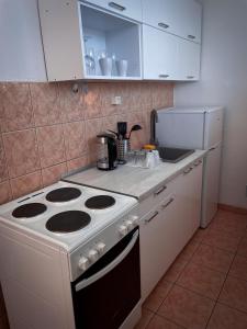 eine Küche mit einem weißen Herd und einem weißen Kühlschrank in der Unterkunft Villa Blue Arany Apartman in Szekszárd