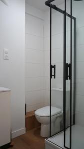 a bathroom with a toilet and a glass door at Saint Michel - Centre Ville - Espace Coty in Le Havre