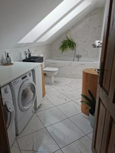 a bathroom with a sink and a washing machine at Rodinná Rezidence Žihobce - prázdninový dům in Žihobce