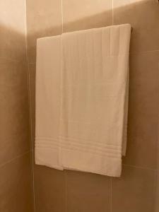 a white towel hanging on a wall in a bathroom at Hotel Don Carlo in Broni