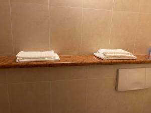two towels are sitting on a counter in a bathroom at Hotel Don Carlo in Broni