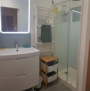 Un baño blanco con lavabo y ducha. en Come à la maison!, en Coupvray