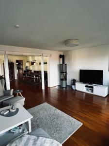 a living room with wooden floors and a flat screen tv at Panoramahaus am Ammersee I Sauna I Wellness I Kamin in Herrsching am Ammersee