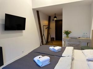 a bedroom with two beds and a television on a wall at Stary Folwark Machnice in Machnice