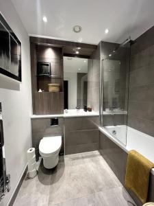 La salle de bains est pourvue de toilettes, d'une douche et d'un lavabo. dans l'établissement Stylish flat in North Kensington, à Londres