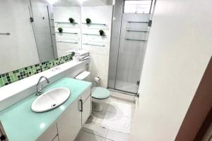 ein Bad mit einem Waschbecken, einer Dusche und einem WC in der Unterkunft Apto Flat no Morumbi com Vista Incrível ! in São Paulo