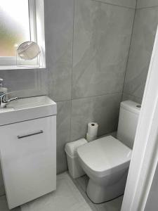 Studio Flat Private Shower Wc and Kitchenette في لندن: حمام ابيض مع مرحاض ومغسلة