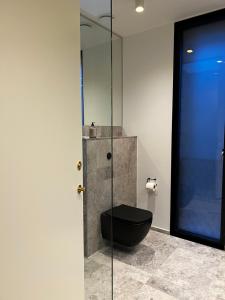 a bathroom with a black toilet and a glass door at Boutique City Apartment Aarhus in Aarhus