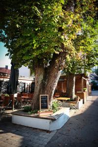 a tree with a sign in front of it at "beim Butz" in Wörth an der Donau