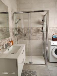 uma casa de banho com um chuveiro, um lavatório e um WC. em Lilly's Sea view, beachfront apartment em Marsalforn