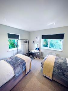 a bedroom with two beds and two windows at Absolutely Beautiful Hemel Hempstead 2-bedroom for 1-5 Guests - contractors welcome in Hemel Hempstead