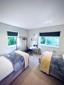 a bedroom with two beds and two windows at Absolutely Beautiful Hemel Hempstead 2-bedroom for 1-4 Guests - contractors welcome in Hemel Hempstead