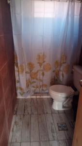 y baño con aseo y cortina de ducha. en Casitas del Lago en San Roque