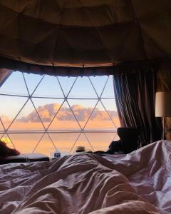 a bedroom with a large window with a bed at Wadi Rum Rose camp in Wadi Rum