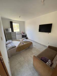 a living room with two beds and a flat screen tv at Chalés Paradise - Casal in Serra do Cipo