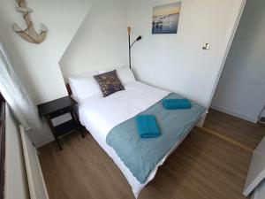 a small bedroom with a bed with blue pillows at Grace's Place in Soham in Soham