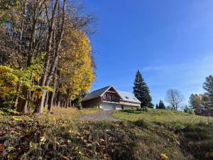 a house on top of a hill with trees at Horská chata KRKONOŠKA HARRACHOV in Harrachov