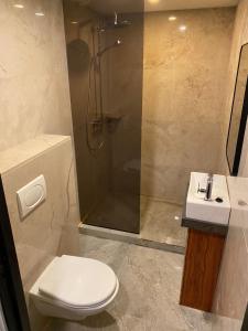 uma casa de banho com um chuveiro, um WC e um lavatório. em Hotel RITZZ em Paramaribo