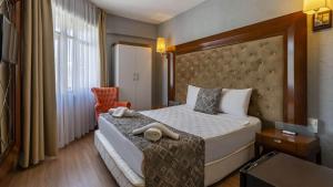 ein Hotelzimmer mit einem Bett und einem Stuhl in der Unterkunft Lara Olympos Hotel in Antalya